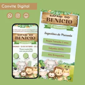 Convite digital com tema de safári exibido em tela de celular e folheto