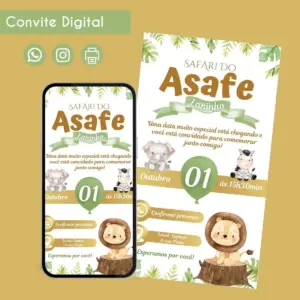 Convite digital de aniversário tema safari com elefante, zebra e leão, exibido em tela e impresso.