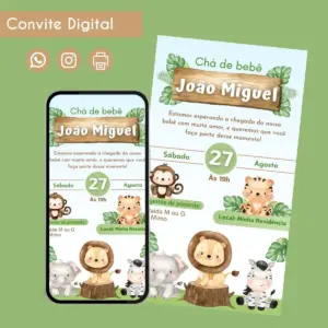 Convite Digital Safari Masculino Personalizado 5 Convite digital para chá de bebê com tema de safári e animais fofos