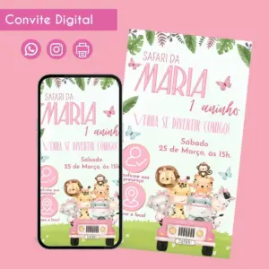 Convite digital com tema safari, mostrando animais fofos em jipe rosa e folhagens verdes.