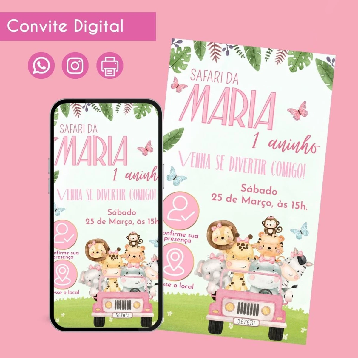 Convite Digital Safari Menina 3 Anos em PDF Interativo 1 Convite digital com tema safari, mostrando animais fofos em jipe rosa e folhagens verdes.