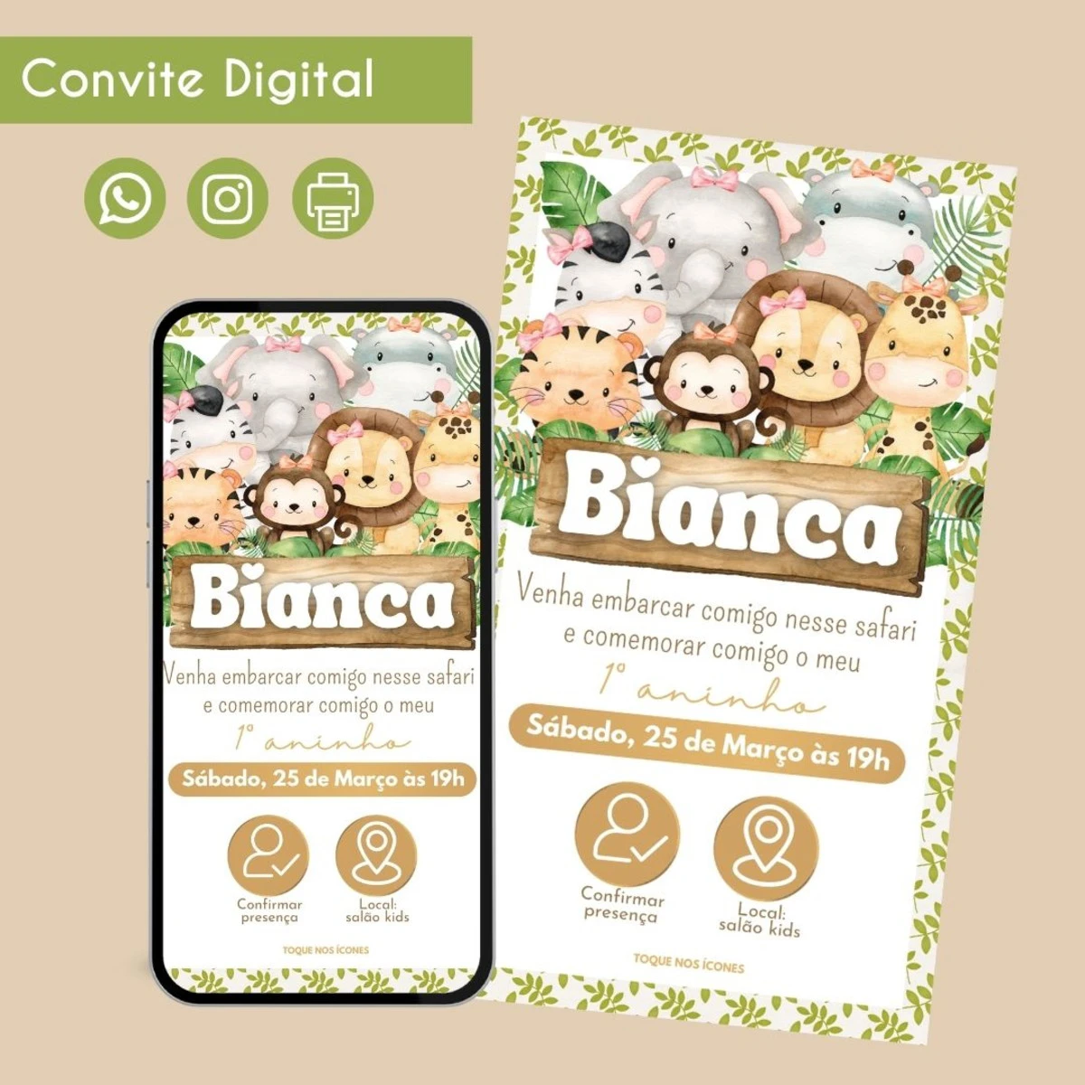 Convite Digital Safari Menina 4 Anos Personalizado 1 Convite digital de aniversário com tema safari, exibindo animais fofos e detalhes da festa.