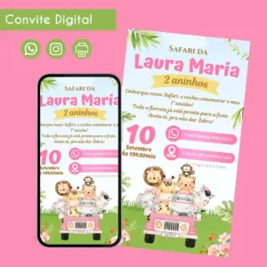 Convite digital com tema de safári exibido em um smartphone e impresso.