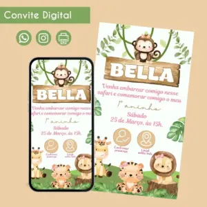 Convite digital com tema de safari com animais fofos e folhagens