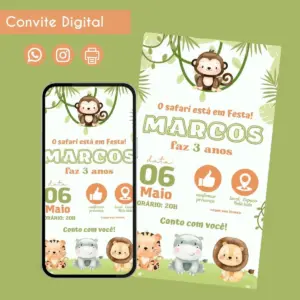 Convite Digital Safari Menino 2 Anos Personalizado 11 Convite digital de aniversário com tema safari, macaco, e animais fofos.