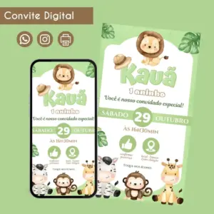 Convite digital com tema de safári com animais fofos exibido em um celular