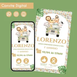 Convite Digital Safari Menino para Personalizar Aniversario 10 Convite digital de aniversário infantil com tema safari e animais em jipe.