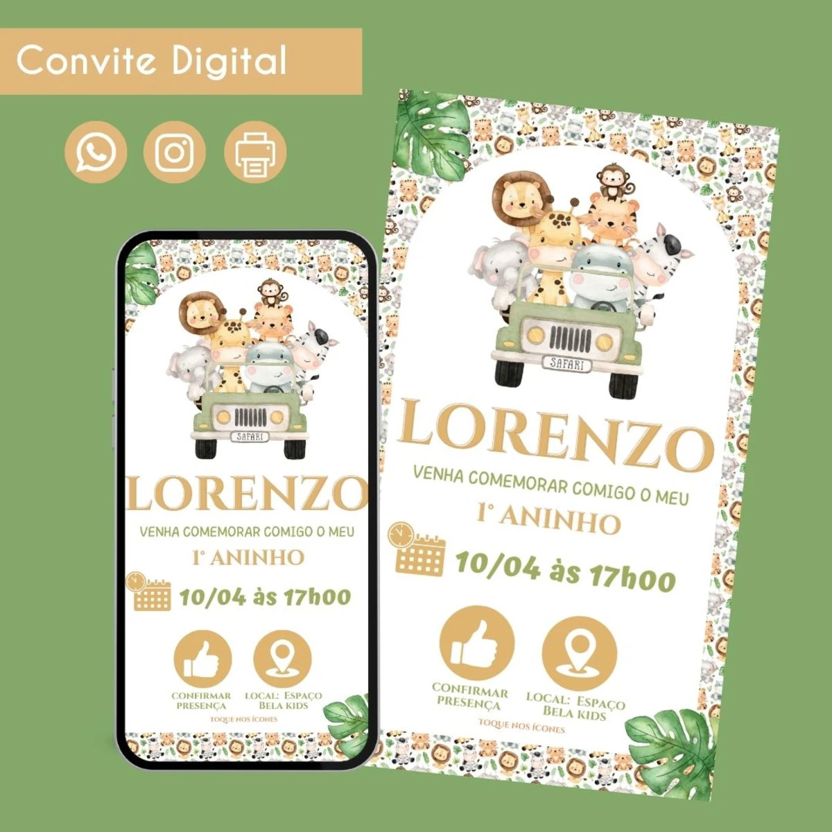 Convite Digital Safari Menino para Personalizar Aniversario 1 Convite digital de aniversário infantil com tema safari e animais em jipe.