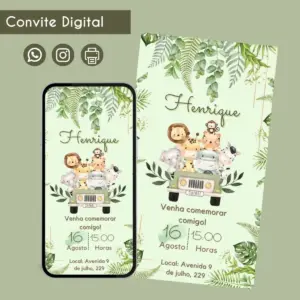 Convite digital com tema de safari com animais e folhas verdes