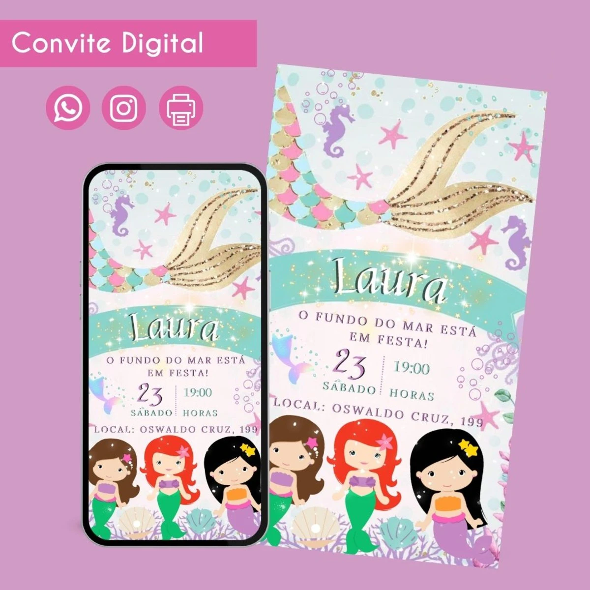 Convite Digital Sereias Personalizado para Festa Infantil 1 Convite digital com tema de sereia exibido em um smartphone e ao lado