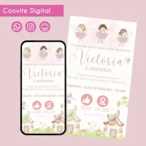 Convite digital infantil com tema de fadas em tons rosa e branco.