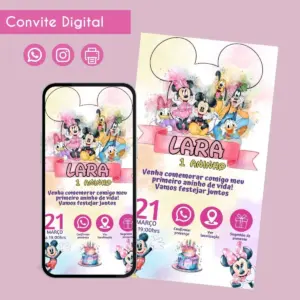 Convite digital infantil com personagens animados em estilo aquarela e texto rosa.
