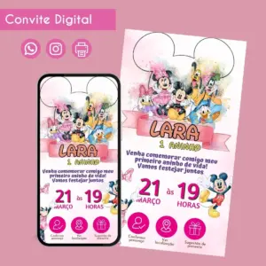 Convite digital infantil temático com personagens animados em estilo aquarela e texto personalizado.