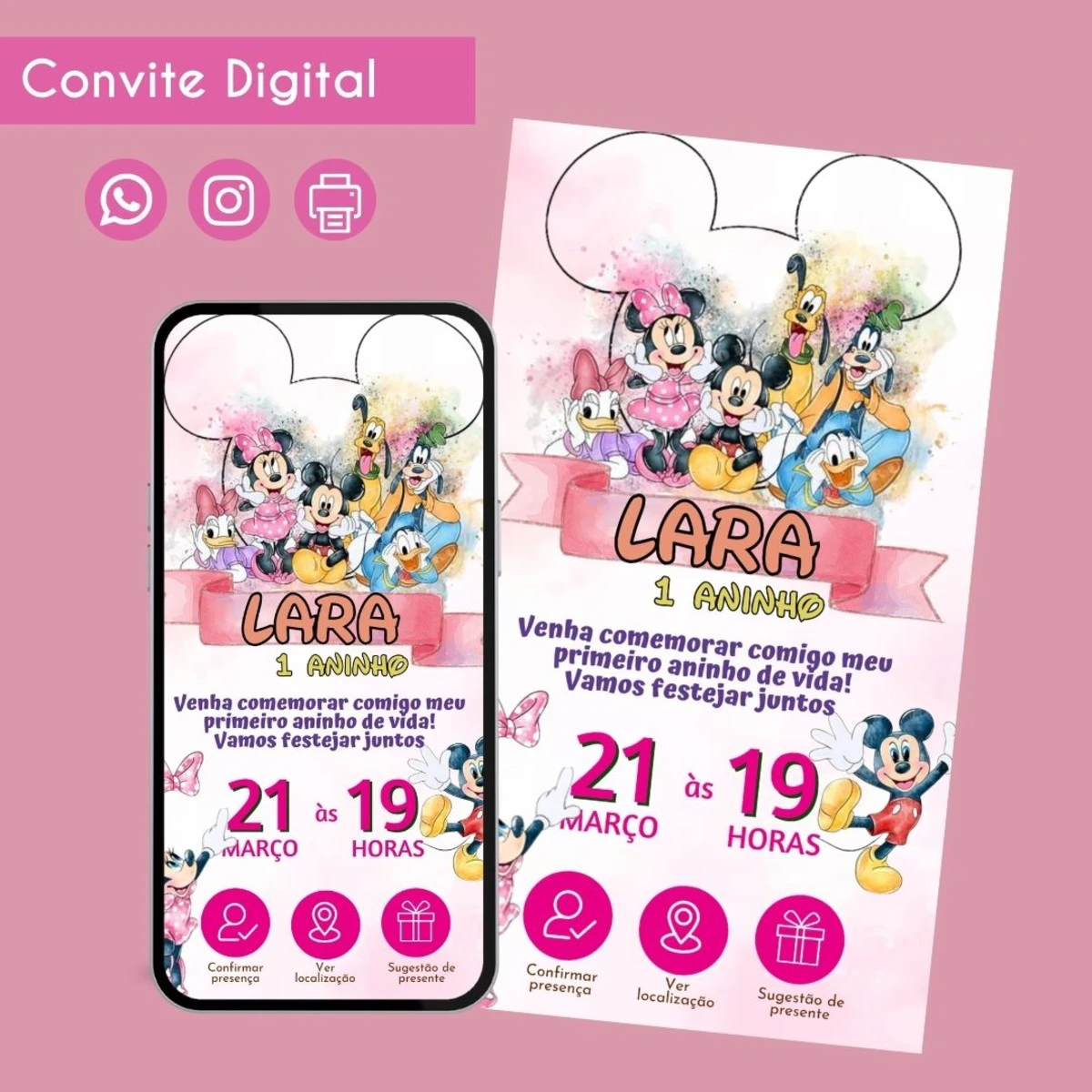 Convite Digital Turma do Mickey Aquarela Personalizado 1 Convite digital infantil temático com personagens animados em estilo aquarela e texto personalizado.