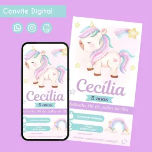 Convite digital infantil com tema de unicórnio em tons pastel e lilás