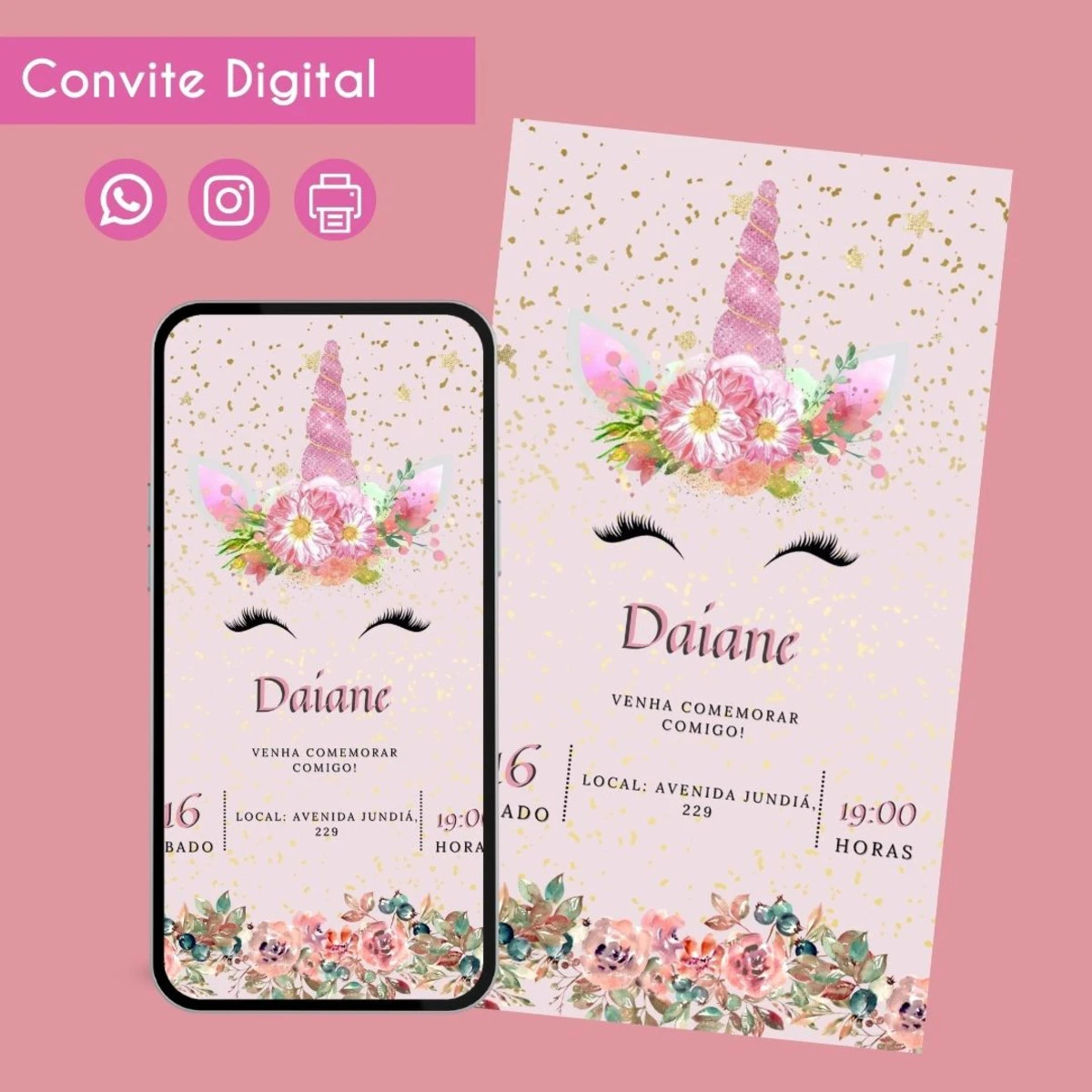 Convite Digital Unicórnio Chifre Personalizado de Aniversário 1 Convite digital rosa com tema de unicórnio, flores e detalhes dourados.