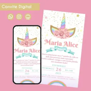Convite digital de aniversário com tema de unicórnio exibido em celular.