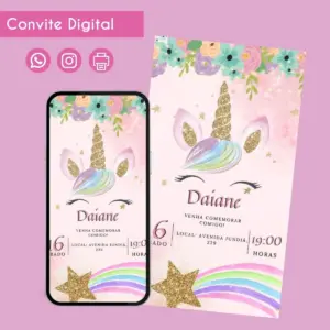 Convite digital com tema de unicórnio, flores coloridas e estrelas brilhantes.