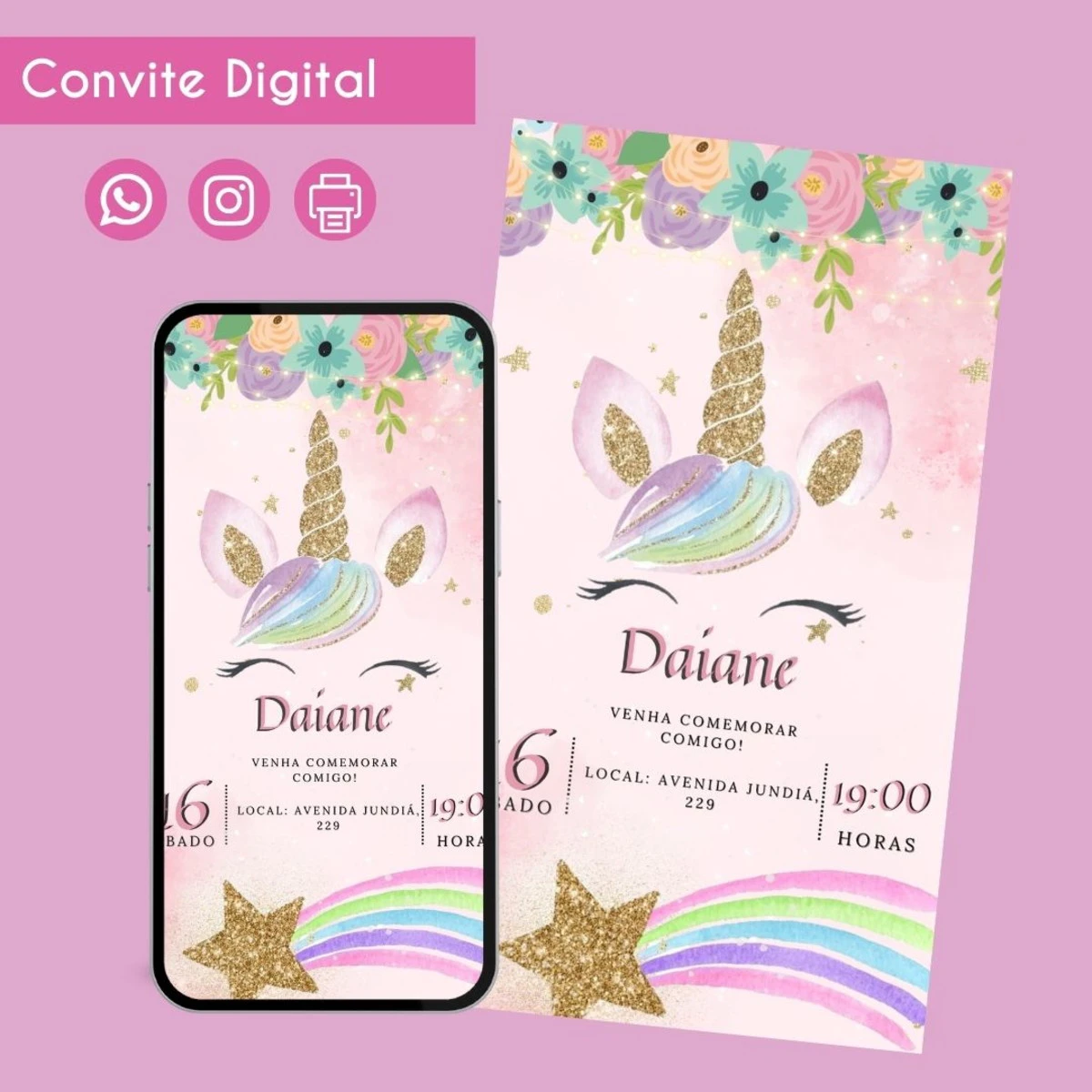 Convite Digital Unicórnio Personalizado para Festa Infantil 1 Convite digital com tema de unicórnio, flores coloridas e estrelas brilhantes.