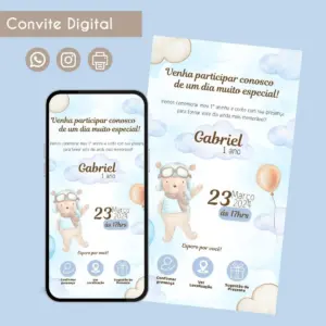 Arte digital de convite infantil com tema de urso aviador, balões e nuvens.