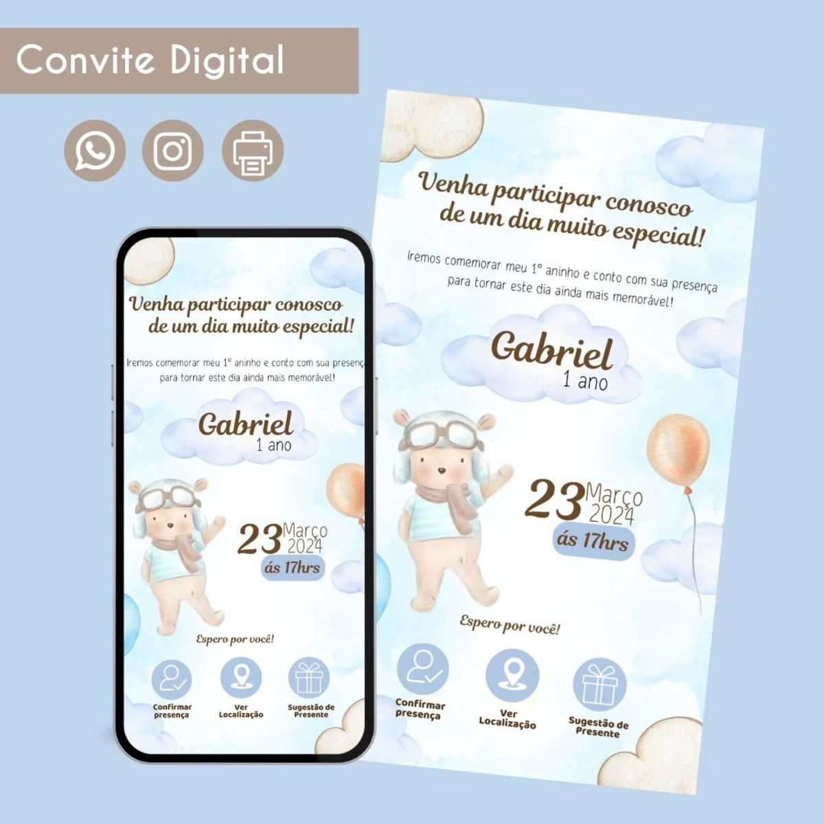 Convite Digital Urso Aquarela para Festa Infantil 1 Arte digital de convite infantil com tema de urso aviador, balões e nuvens.