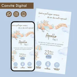 Convite Digital Urso Aquarela para Festa Infantil 13 Convite digital de aniversário infantil com tema de ursinho aviador e nuvens.