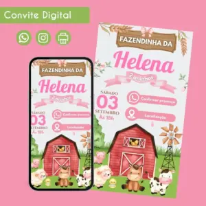 Convite Fazendinha Menina em PDF para WhatsApp 11 Convite digital com tema de fazenda rosa exibido em celular e formato impresso.