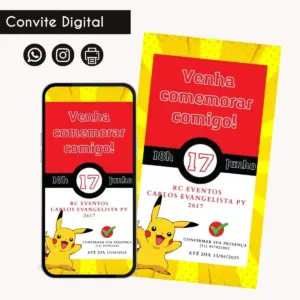 Convite digital com tema amarelo e vermelho exibindo personagem amarelo e textos informativos