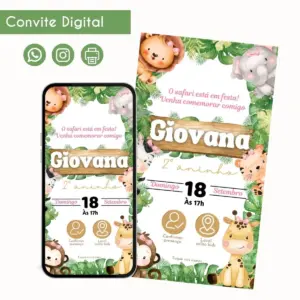 Convite digital com tema de safari infantil exibido em um smartphone.