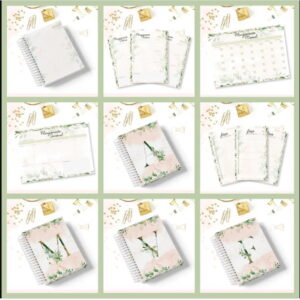 Coleção de itens de papelaria com estampas florais e folhas verdes em várias composições.
