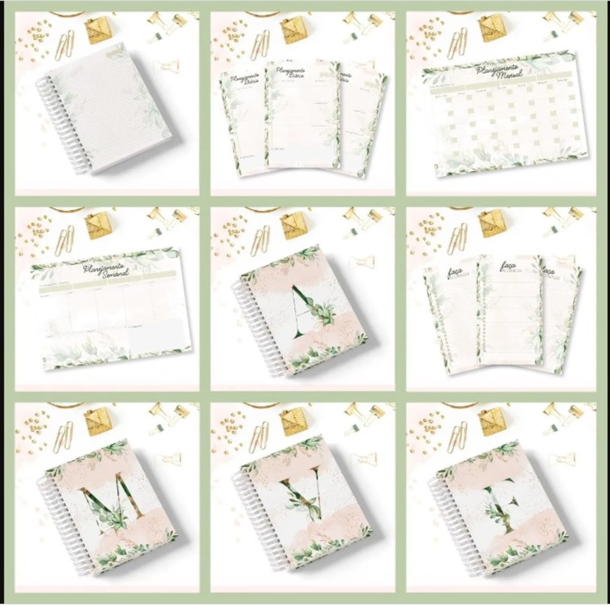 Desk Planner Alfabeto Floral Verde Arquivo Digital Completo 1 Coleção de itens de papelaria com estampas florais e folhas verdes em várias composições.