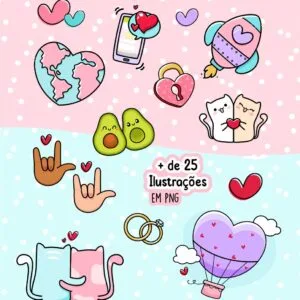 Dia Dos Namorados Flork Kit Digital Pack Artes +150 Arquivos 10 Conjunto de ilustrações fofas em estilo desenho com corações e gatos.