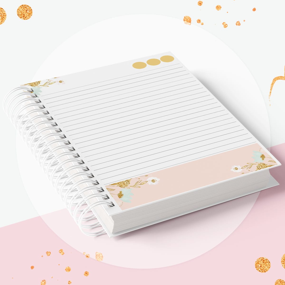 Diario Cartas para Deus Kit Digital em Aquarela Floral 2 Caderno espiral com pauta, decoração floral delicada e detalhes dourados sobre fundo rosa claro.