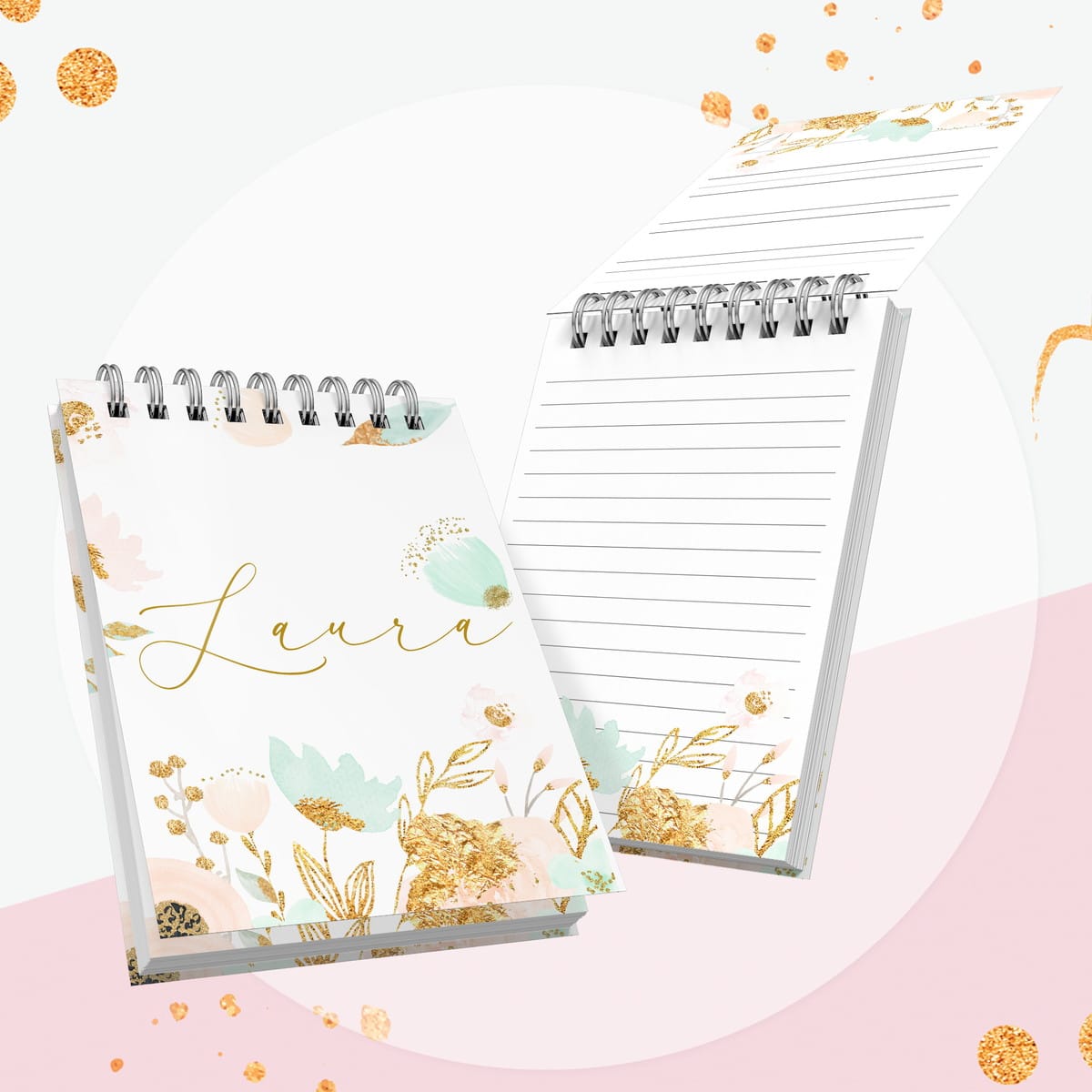 Diario Cartas para Deus Kit Digital em Aquarela Floral 3 Dois cadernos de espiral com estampa de flores delicadas e detalhes em dourado.