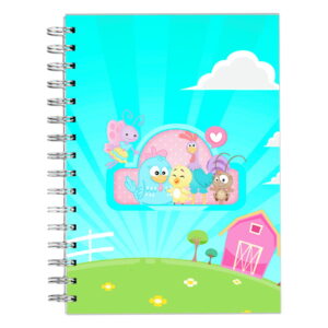 Caderno com estampa colorida de animais da fazenda em fundo azul claro