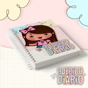 Ilustração digital de um caderno com menina sorridente e texto "Querido Diário".