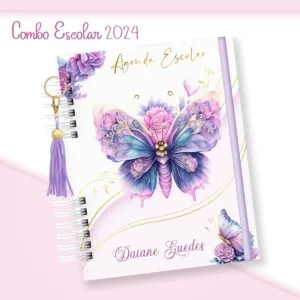 Agenda escolar espiral com estampa de borboleta em tons de rosa e roxo