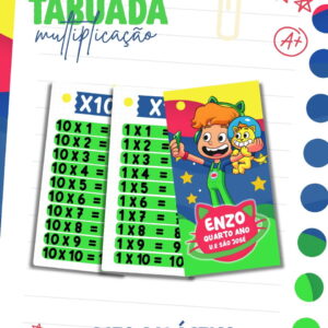 Arte digital de tabuadas de multiplicação com capa de personagem infantil.