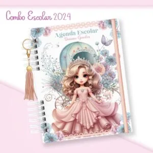 Agenda escolar com ilustração de princesa, flores e carruagem em tons pastéis.