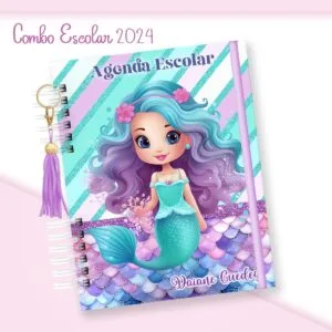 Escolar Menina Sereia - Arquivo Digital 24 Agenda escolar com ilustração de sereia e detalhes em tons de azul e roxo.