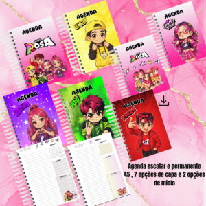 Agendas digitais com capas de personagens animados e layouts internos visíveis.