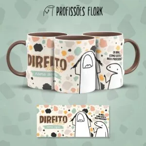 Estampa Caneca Direito Flork Frase Profissão em Jpg 23 Tres canecas estampadas com tema de direito e ilustracoes humoristicas em fundo colorido.