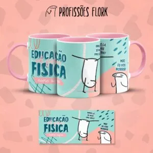 Tres canecas personalizadas com estampa temática de educacao fisica em fundo rosa.