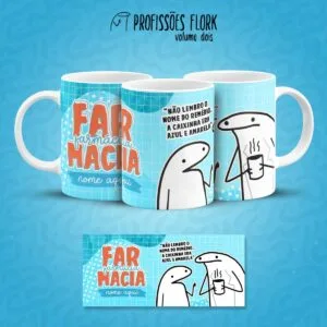 Tres canecas brancas com estampa azul clara, textos em destaque e personagens desenhados.