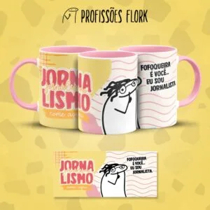 Três canecas brancas com interior rosa exibem estampas coloridas sobre profissão com textos e ilustrações.