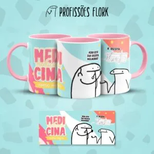 Tres canecas estampadas com tema medico e personagem ilustrado divertido sobre fundo turquesa.