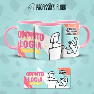 Tres canecas personalizadas com tema odontologia e desenhos humoristicos sobre fundo azul.