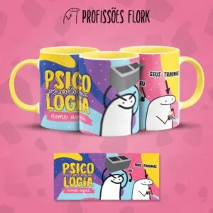 Estampa Caneca Psicologia Flork Frase Profissão em Jpg 13 Três canecas com estampas coloridas contendo desenhos de personagens brancos estilo doodle sobre psicologia.
