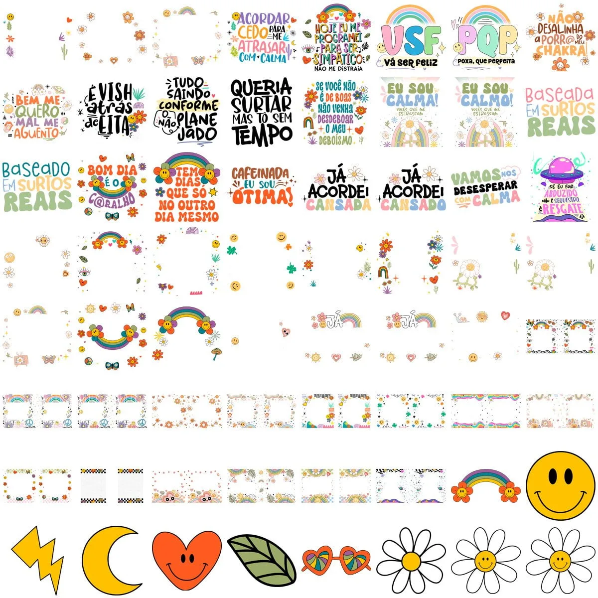 Conjunto de adesivos digitais coloridos com frases motivacionais e ícones retrô divertidos.