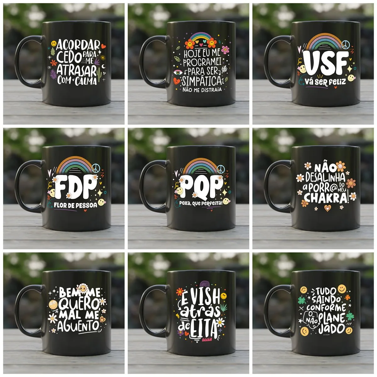 Coleção de nove canecas pretas com artes gráficas e frases divertidas sobre fundo madeira.